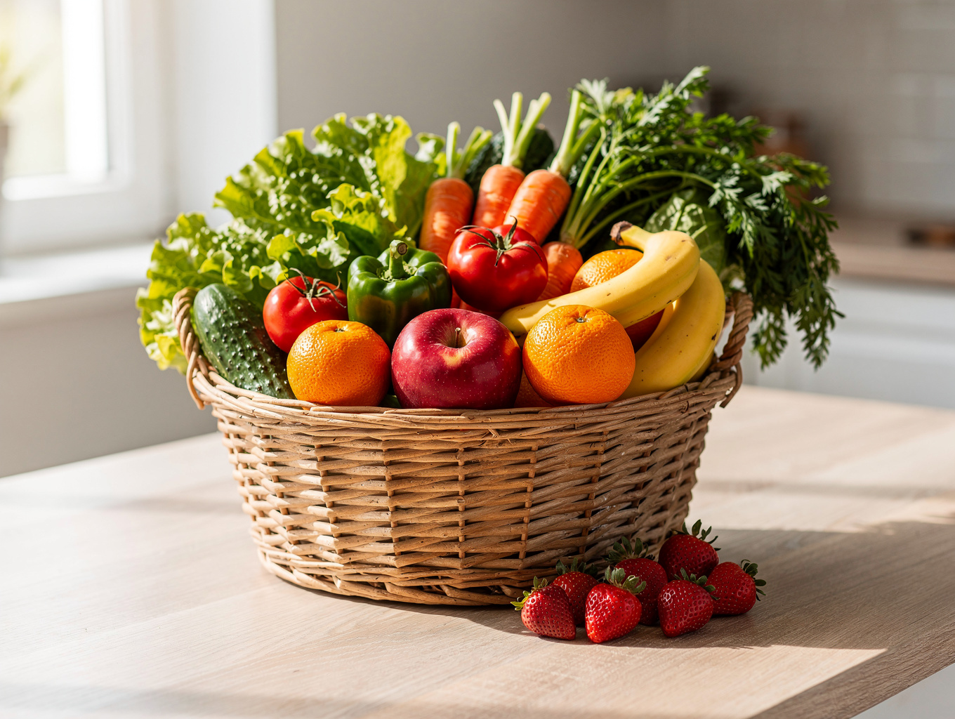 Basket of fresh heirloom tomatoes and seasonal herbs
