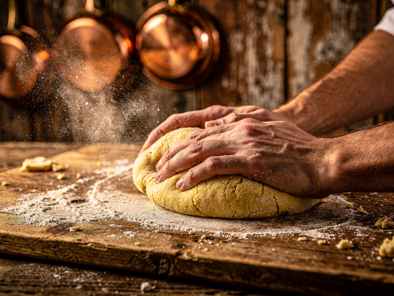 Chef hand rolling fresh pasta dough on a wooden board
