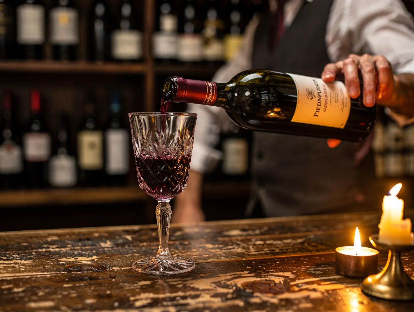 Sommelier pouring Italian red wine into crystal glass