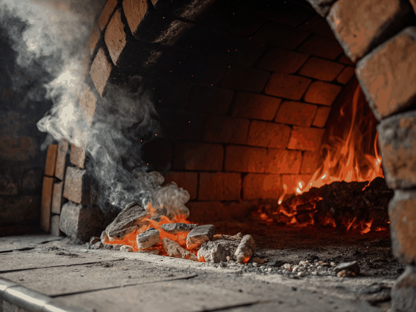 Glowing embers inside a traditional stone wood-fired oven